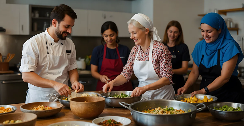 Group of participants and support workers cooking together in a kitchen