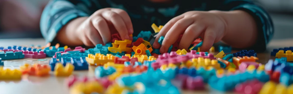Close up of hands building with colourful lego blocks