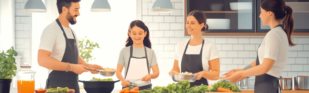 Support workers and participants preparing a meal together in a kitchen